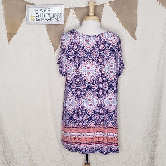 TAHARI BOHO ORANGE BLUE WHITE LOOSE FIT TUNIC TOP - Picture 4 of 6